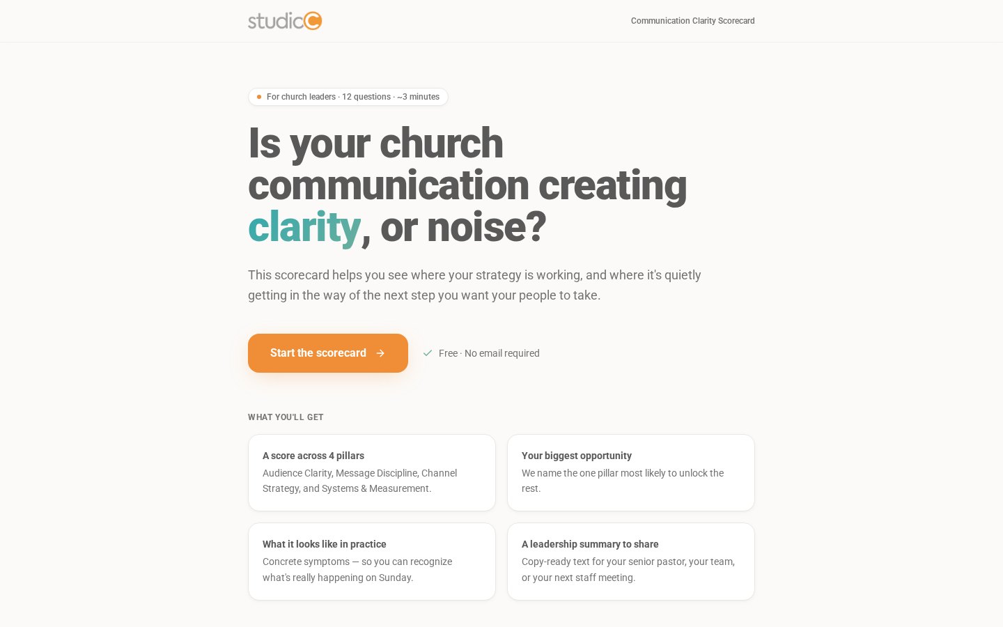 Church Comms Grader landing screen shown in a browser window