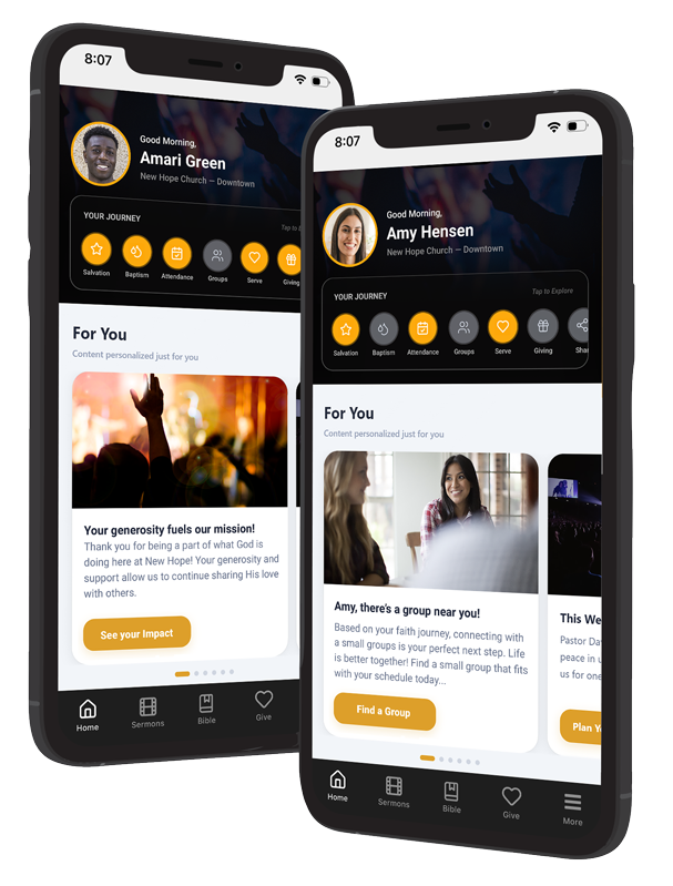 Personalized member dashboards shown on two phones inside a church app